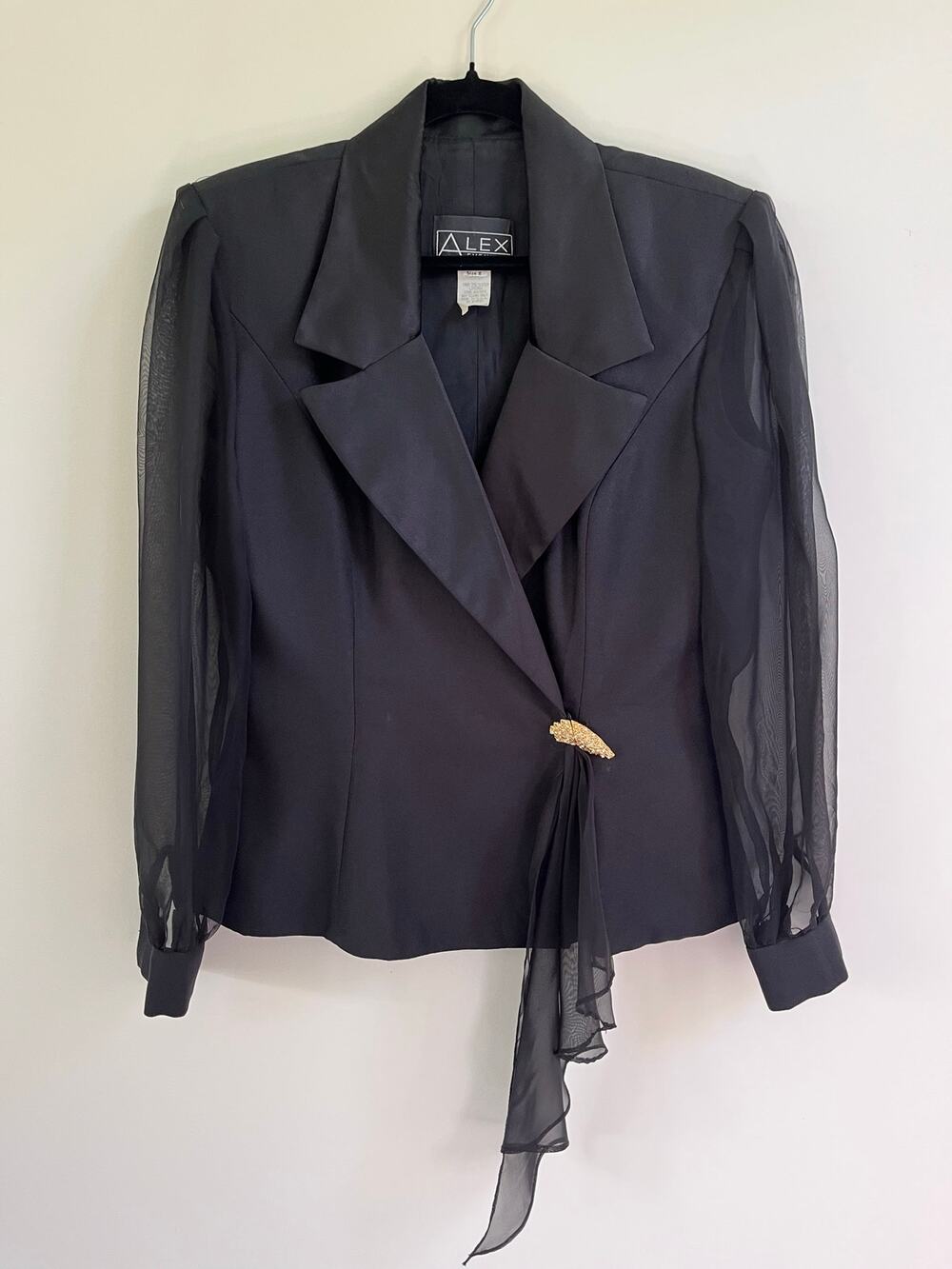 Vintage ALEX EVENINGS Black Blazer Jacket Sheer Chiffon Sleeves Gold Brooch M